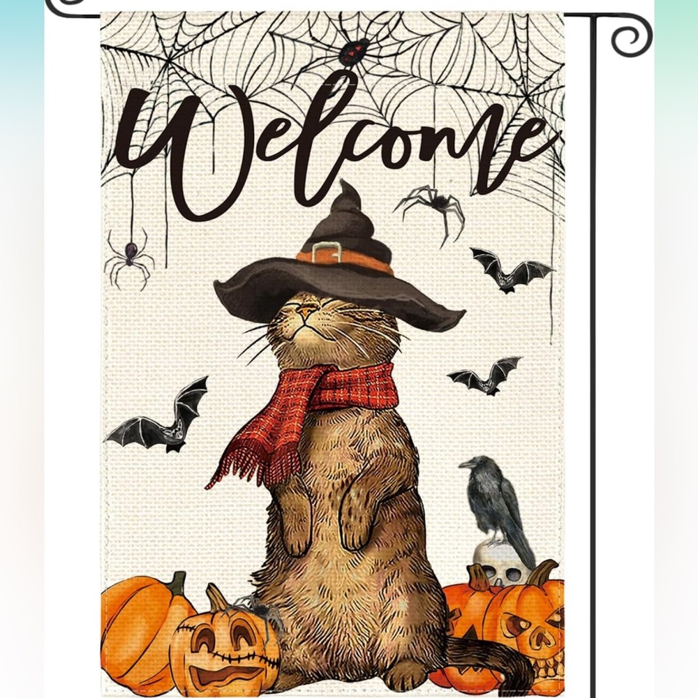 NIP Witch Cat Jack O Lantern Flag 12x18 Inch Welcome Garden Flag Double Sided